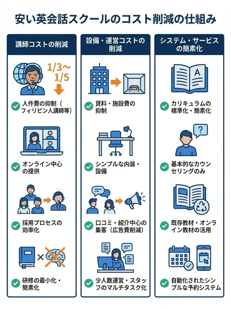 安い英会話スクールのコスト削減の仕組み