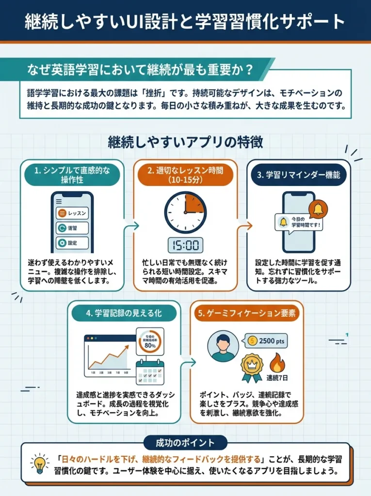 継続しやすいUI設計と学習習慣化サポート