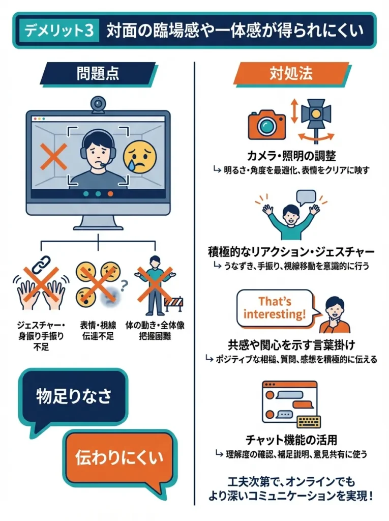 デメリット3 対面の臨場感や一体感が得られにくい