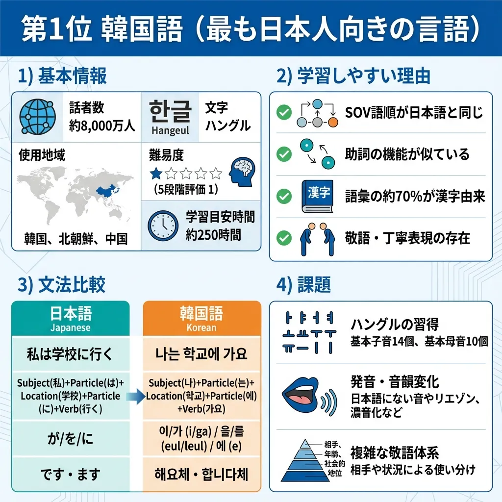 第1位 韓国語（最も日本人向きの言語）