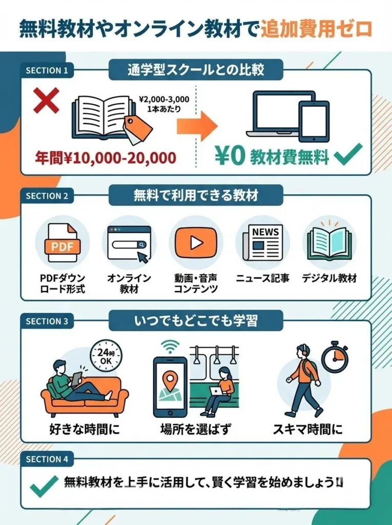 無料教材やオンライン教材で追加費用ゼロ