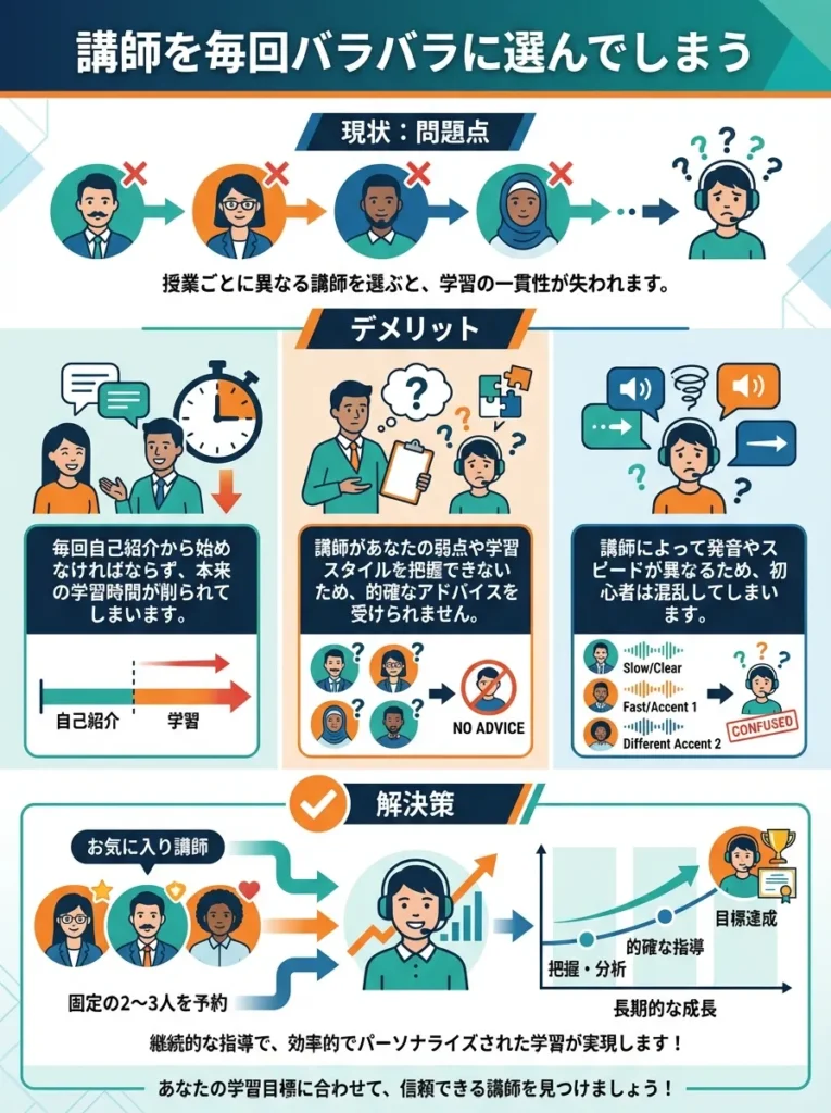 講師を毎回バラバラに選んでしまう