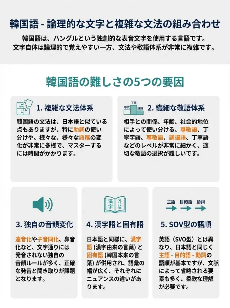 4位 韓国語 - 論理的な文字と複雑な文法の組み合わせ