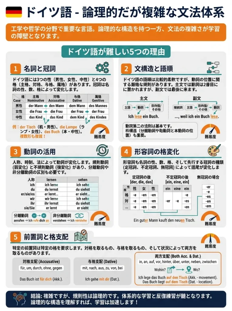 10位 ドイツ語 - 論理的だが複雑な文法体系